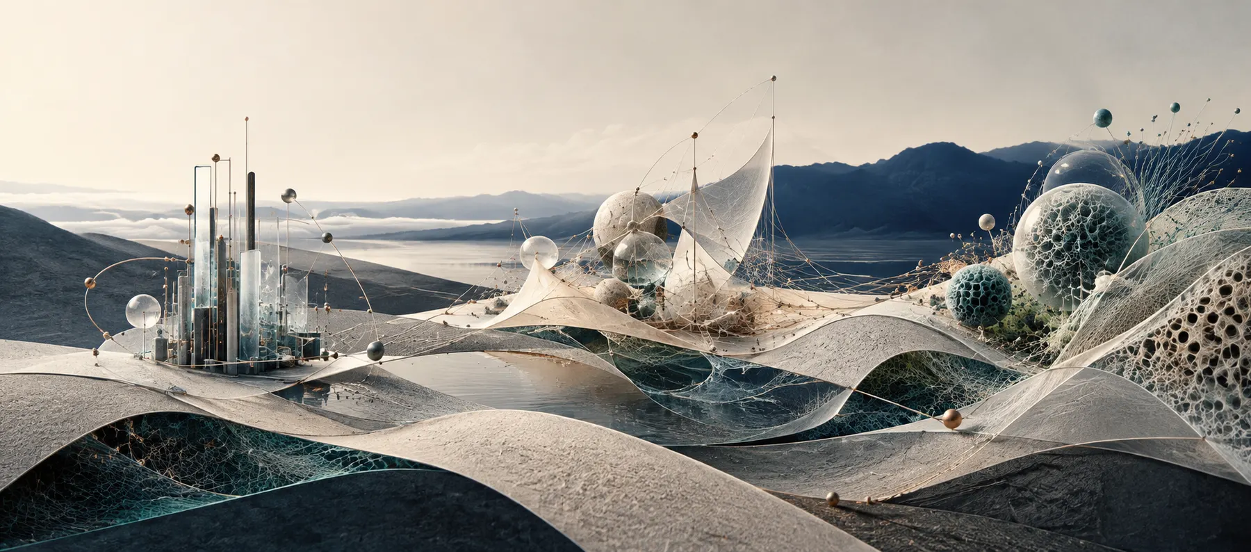 Abstract scientific landscape of glass, metallic films and fibre structures